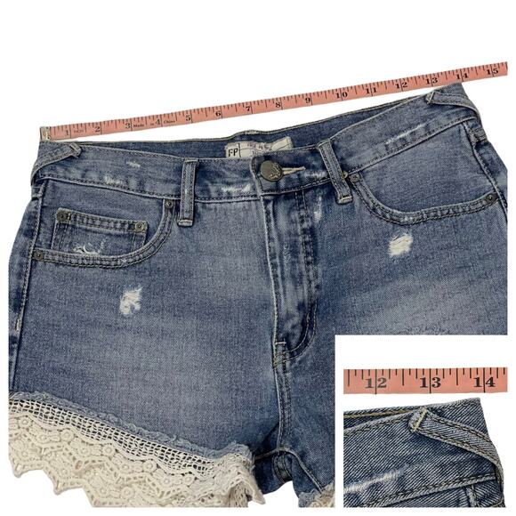 Free People Lace Trim Distressed Denim Shorts - Blue - 25 - Picture 5 of 10